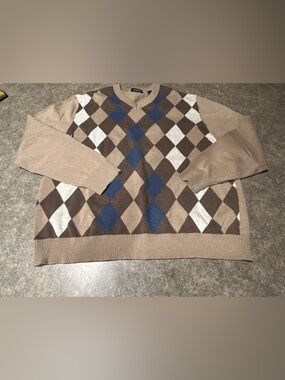 Consensus XL Cotton Blend Argyle V-Neck Pullover Sweater Beige Brown Blue Men's